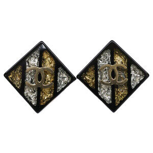 CHANEL 16C Coco Mark Square Earrings, Black, Women's
